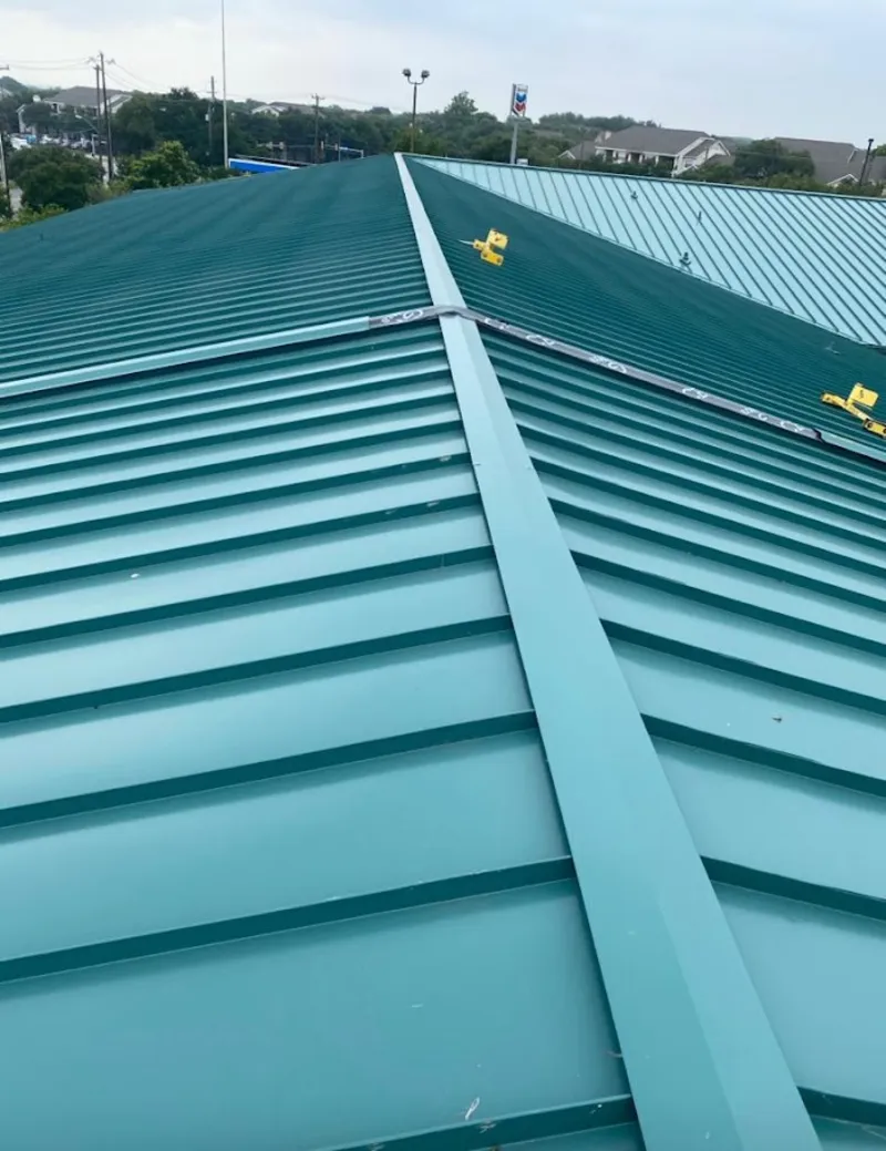Green commercial metal roof ridge and valley for Metal Roof Repair in South Monrovia Island